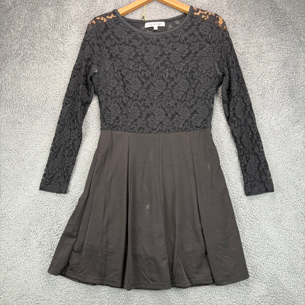 Day & Night Black Lace Long Sleeve Fit & Flare Mini Dress Womens Large Floral